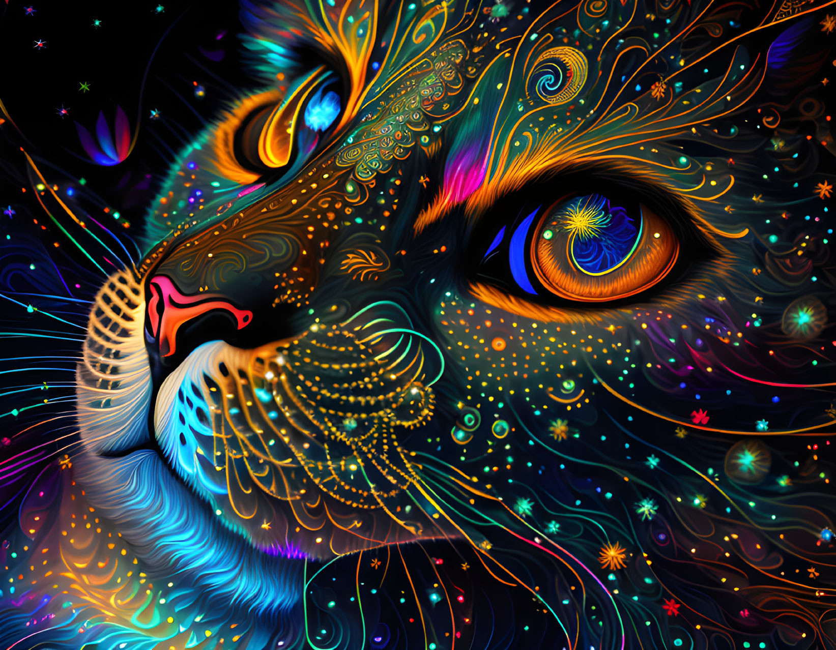 Colorful Psychedelic Cat Illustration with Swirling Patterns on Dark Background