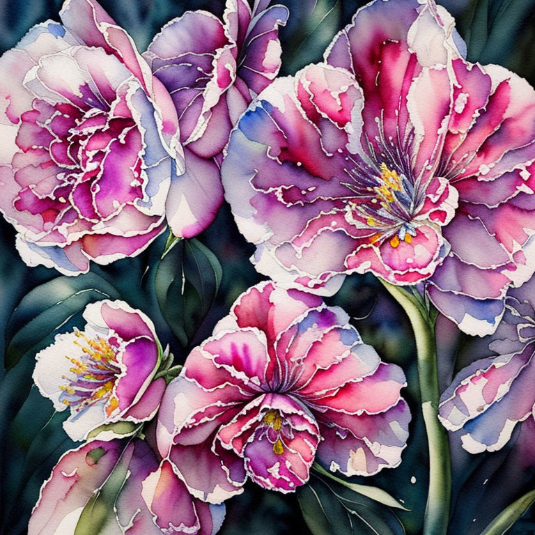 Colorful watercolor painting of blooming peonies in pink and purple hues with white highlights and