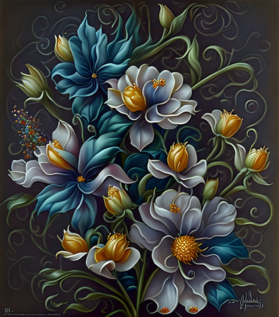 Stylized blue and cream flowers on dark background with swirling green stems