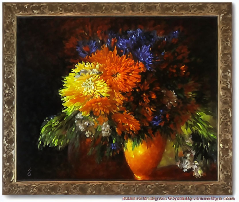 Vibrant bouquet of flowers in orange vase against dark background