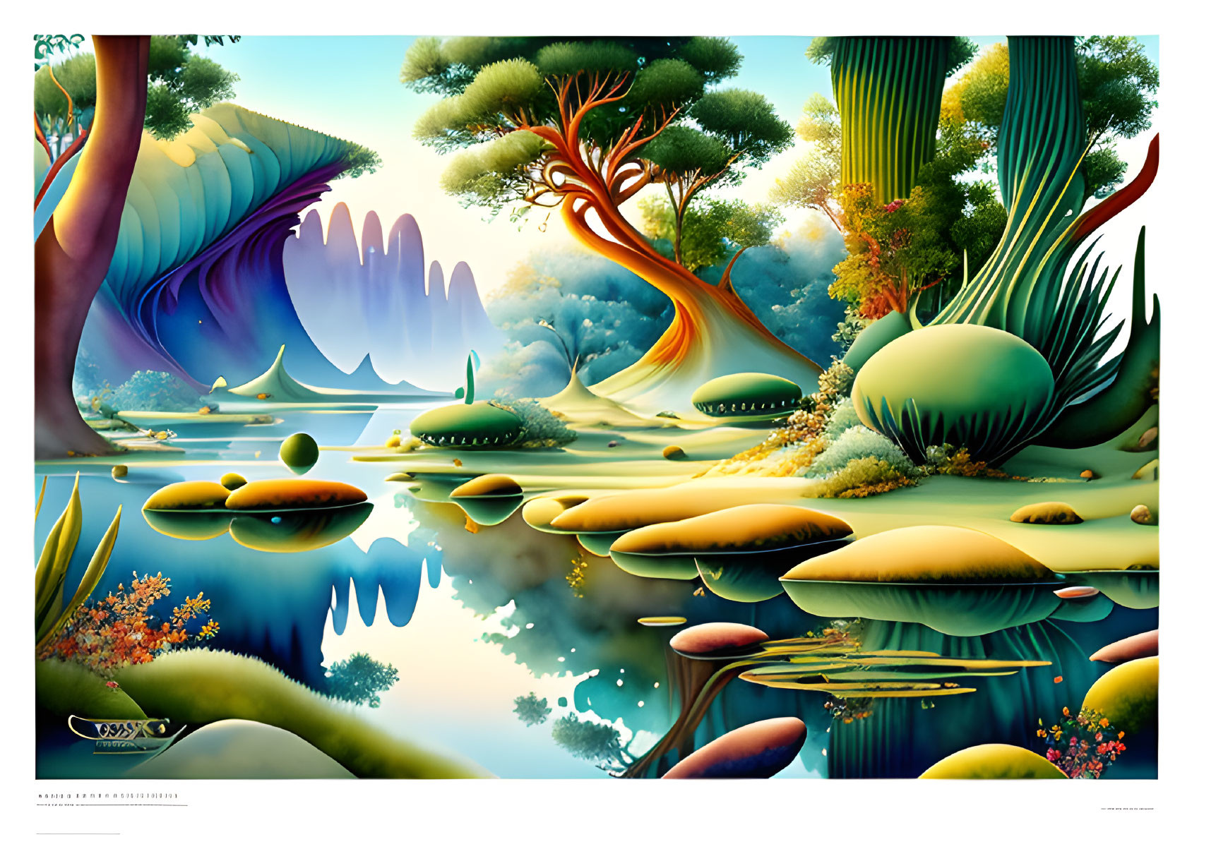 Colorful Fantasy Landscape with Surreal Trees and Floating Islands