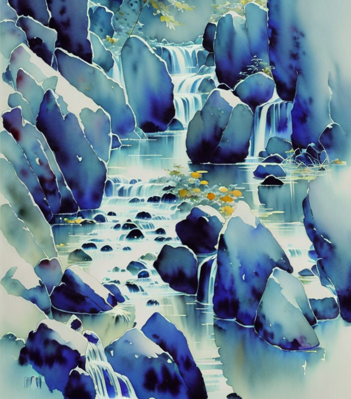 Tranquil Watercolor Painting of Cascading Waterfalls and Autumn Foliage