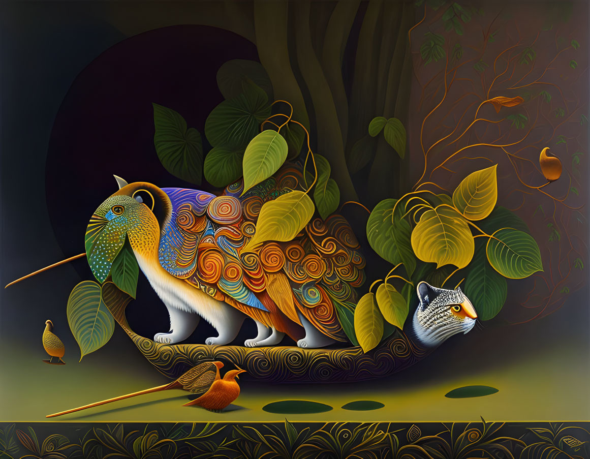 Colorful Tiger-Headed Creature in Moonlit Jungle