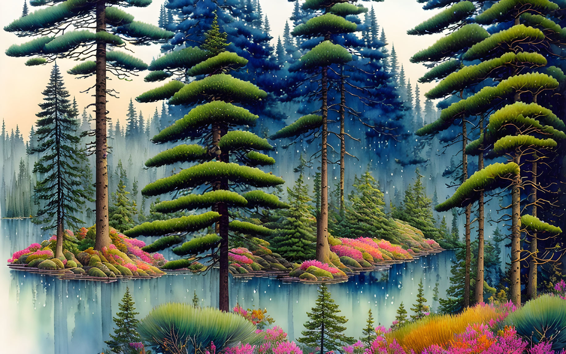 Tranquil forest scene with layered pine trees and vibrant pink and purple flora