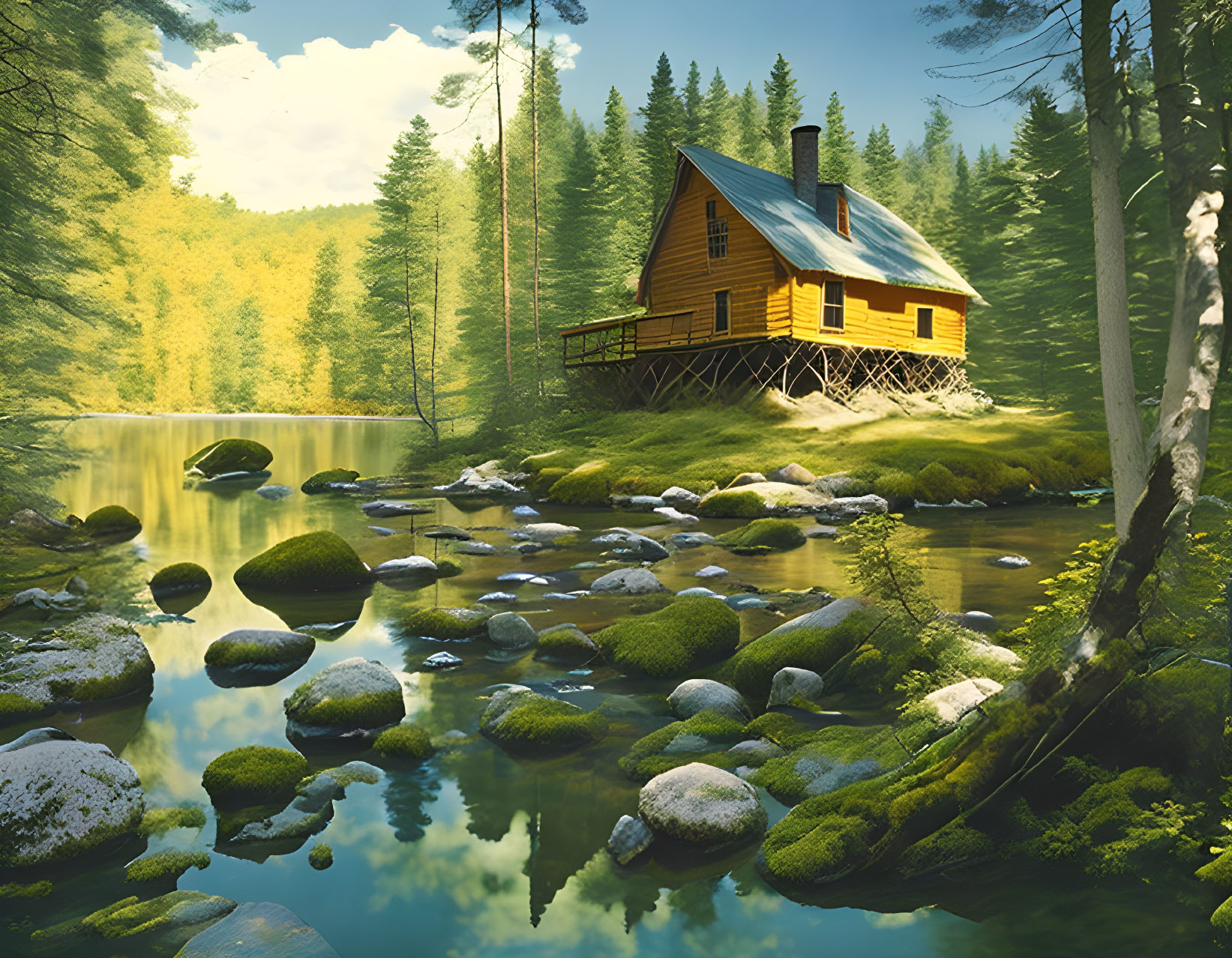 Golden-hued cabin in lush forest by riverbank