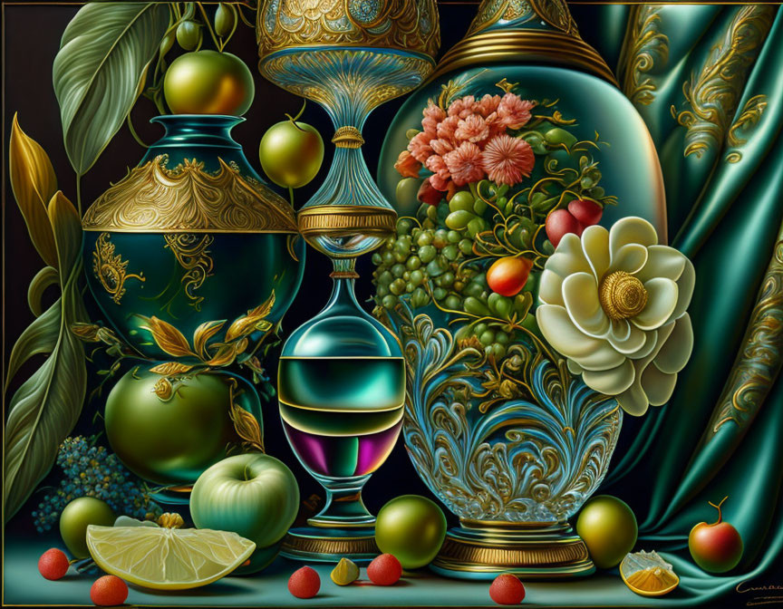 Elaborate Teal and Gold Vases with Flowers and Fruits on Dark Background