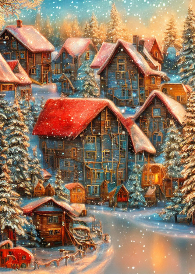 Snow-covered cottages and pine trees in a cozy winter village scene