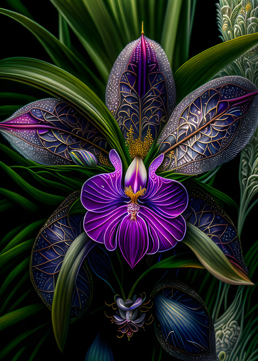 Stylized purple orchid digital artwork on dark foliage backdrop