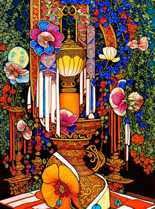 Vibrant Art Nouveau throne illustration with floral motifs