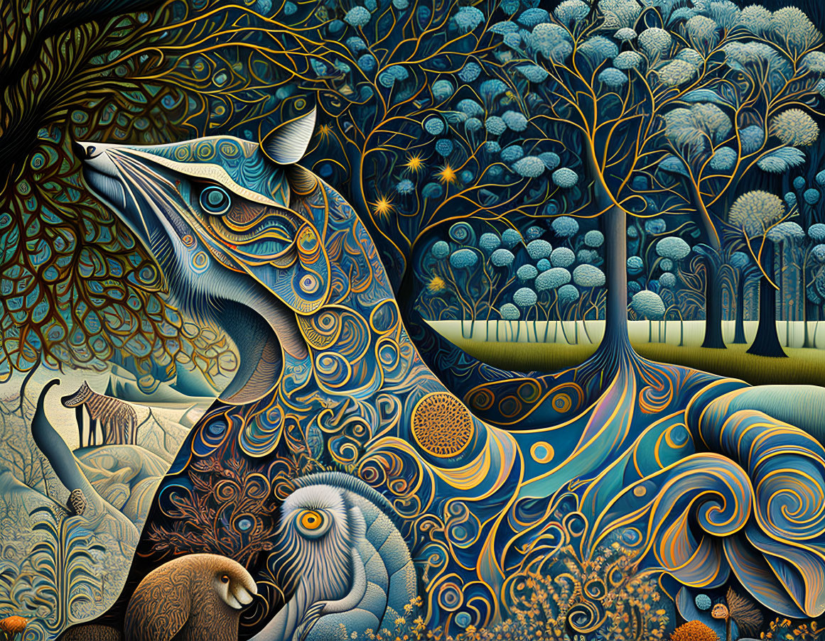 Colorful Fox with Intricate Patterns in Whimsical Landscape