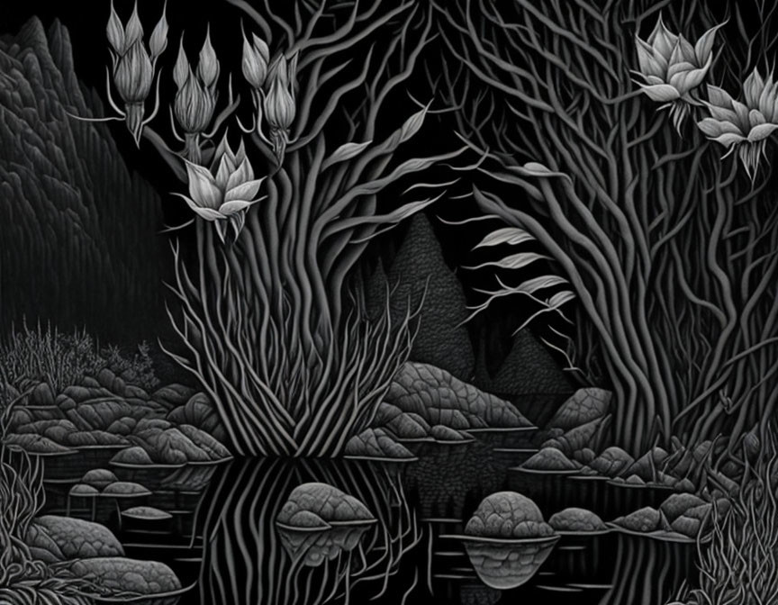 Detailed monochrome mystical forest scene with twisted trees and hanging tulips on serene water.