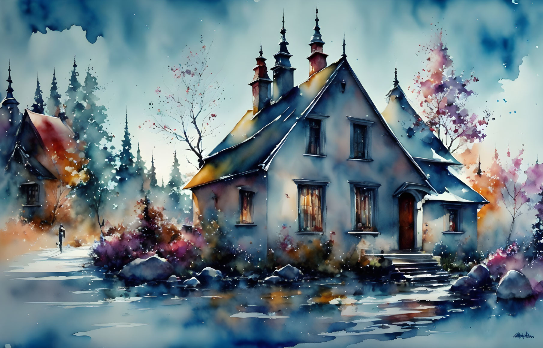 Autumn-themed watercolor painting of a quaint house with steep roof in colorful foliage setting.