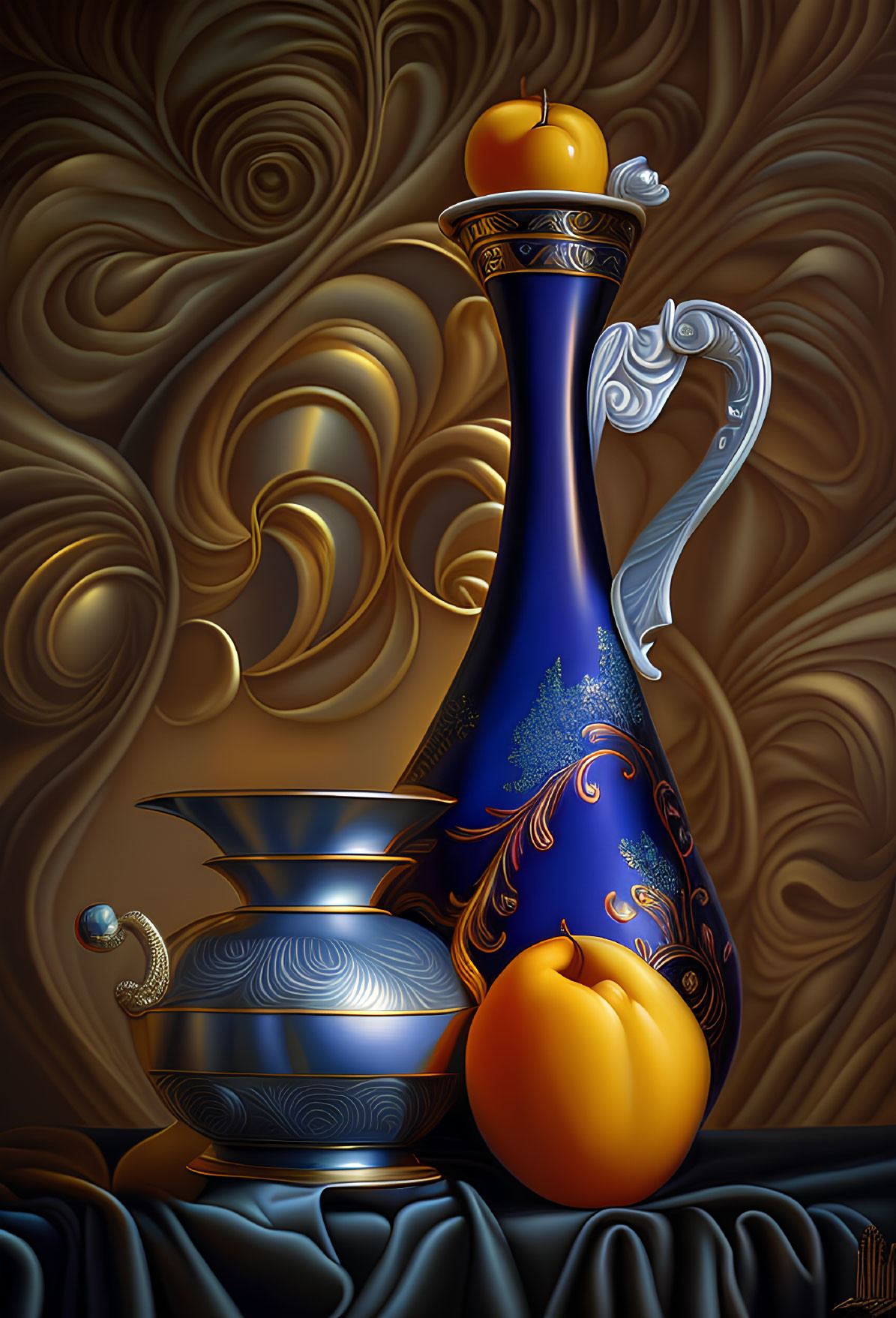 Blue and Gold Ornate Pitcher with Fruit and Bowl on Swirled Brown Background