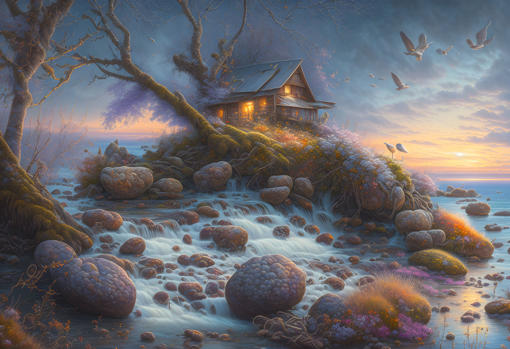 Tranquil cabin on rocky outcrop by flowing stream at sunset