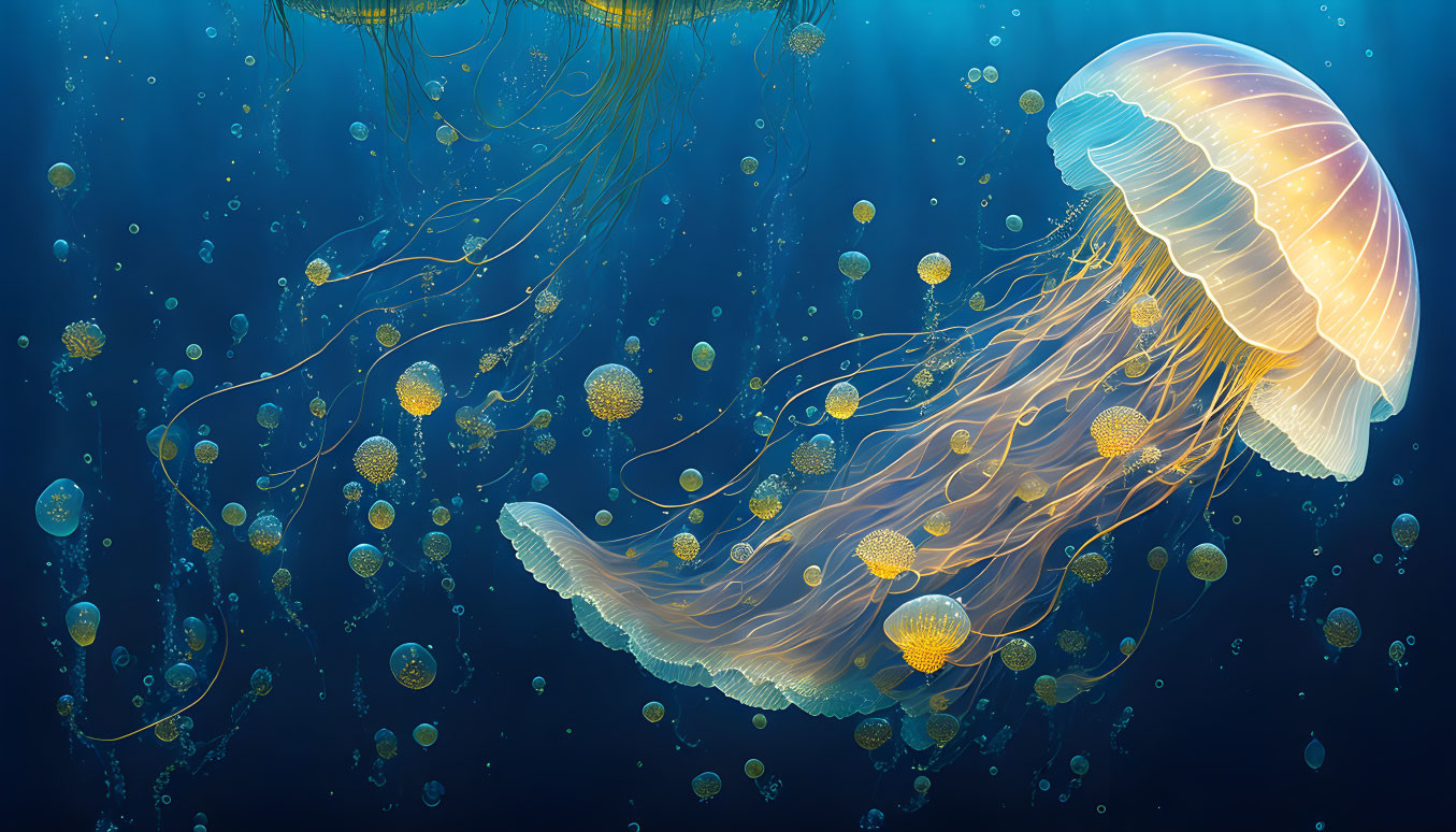 Large Jellyfish Digital Illustration with Luminous Tentacles Underwater