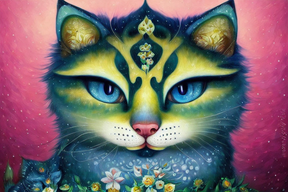 Symmetrical Cat Art with Starry Eyes and Floral Pattern