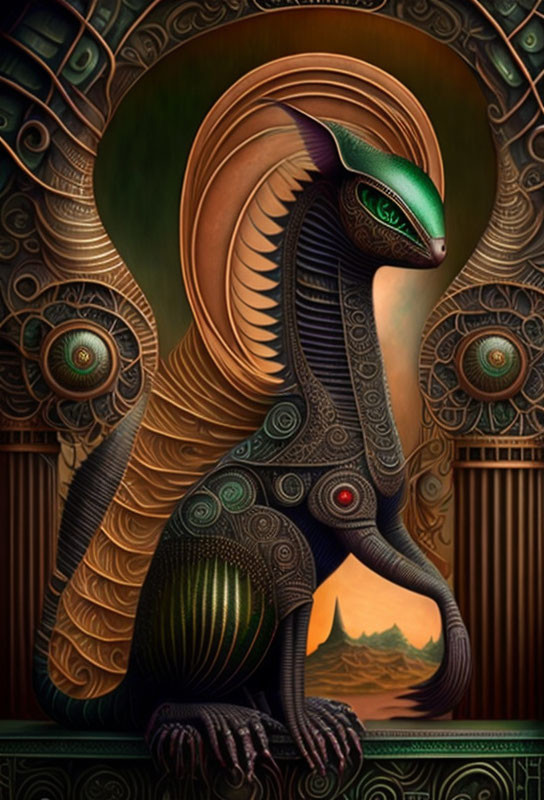 Fantasy artwork of regal sphinx with intricate metallic textures