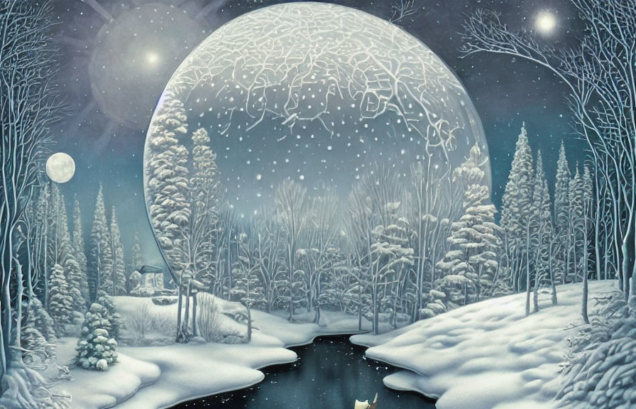 Ornate Glowing Sphere in Winter Night Scene