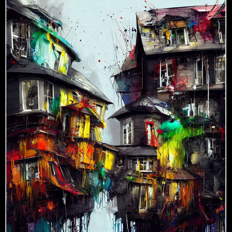 Colorful Abstract Painting of Dilapidated Houses Reflecting on Water