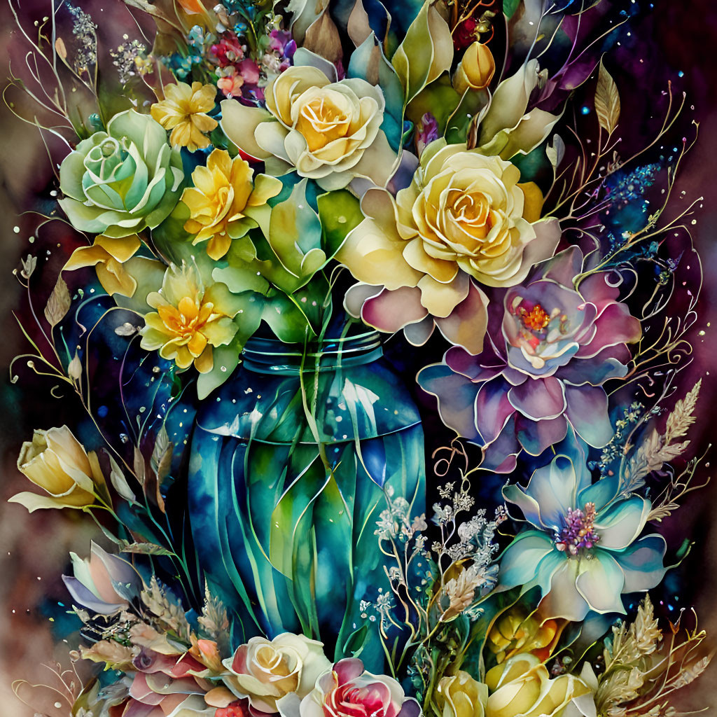 Colorful Watercolor Painting of Bouquet with Yellow, Blue, and Pink Flowers