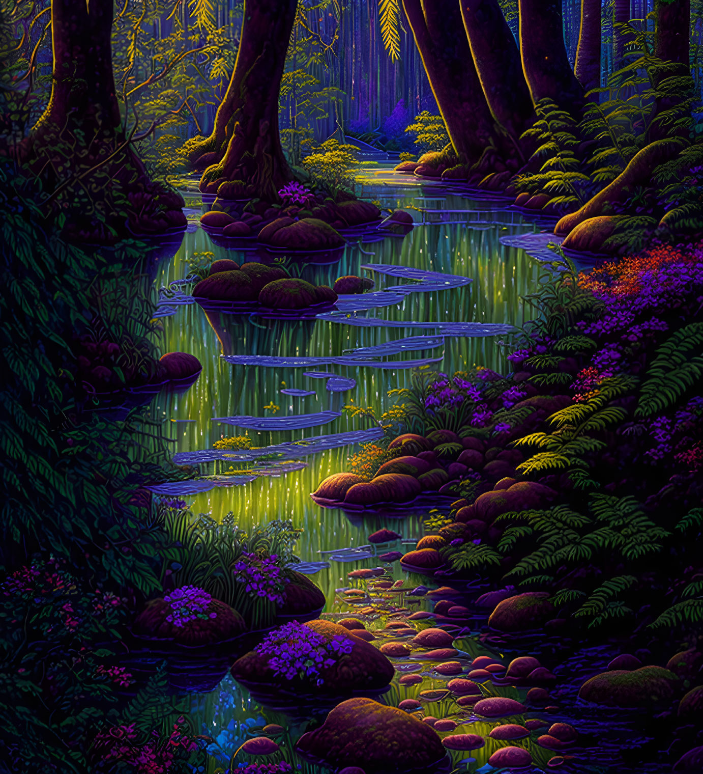 Vivid Blue and Purple Nocturnal Forest Stream Scene