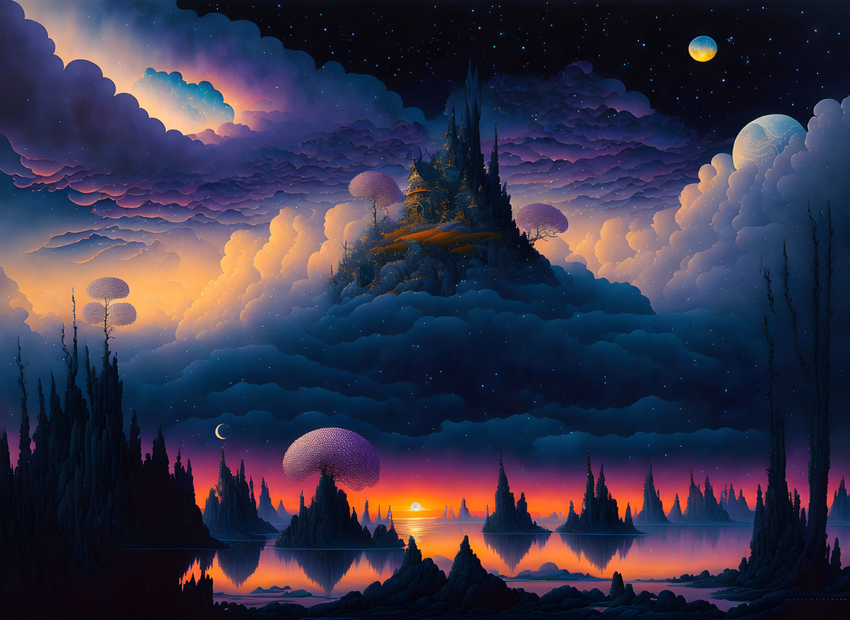 Fantastical landscape with castle on mountain surrounded by clouds, trees, and starry sky