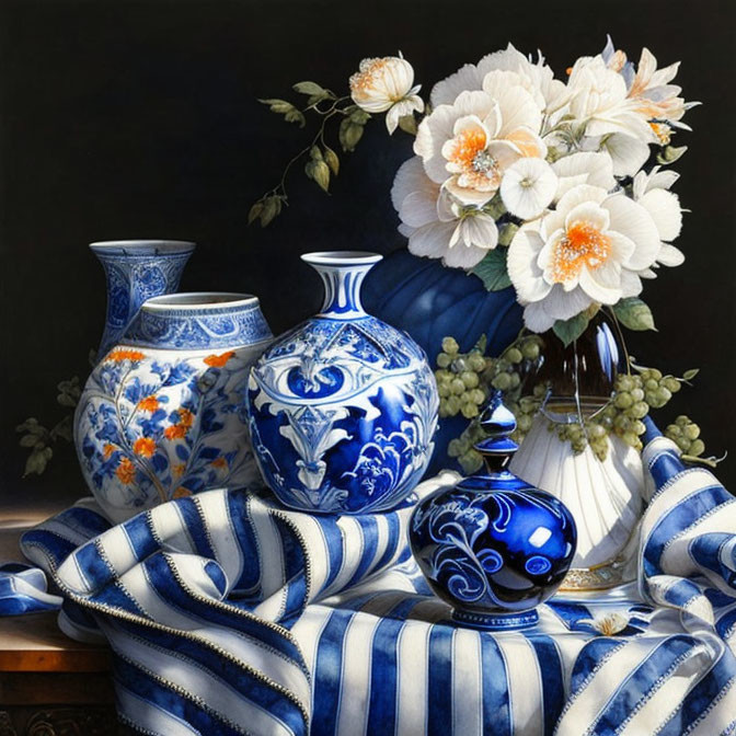 White Flowers in Blue and White Porcelain Vases on Striped Fabric