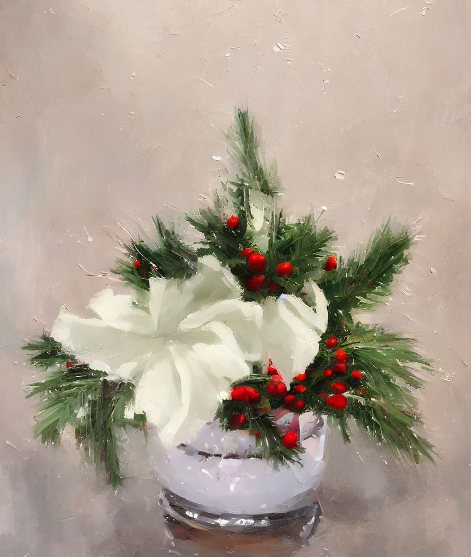 White Poinsettia, Pine Branches, and Red Berries in Snowy Vase