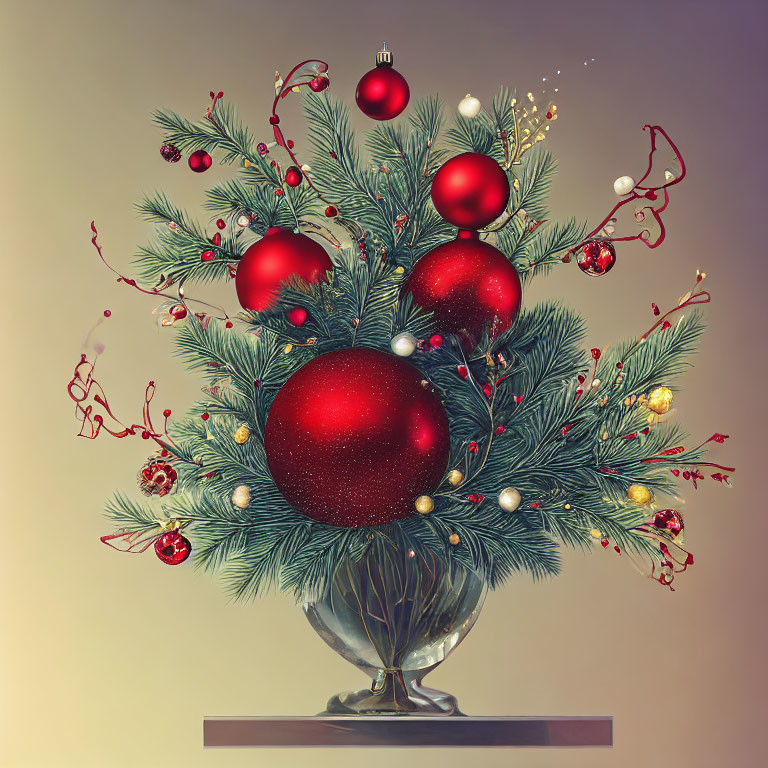 Red baubles, pine branches, and golden accents in glass vase on warm backdrop