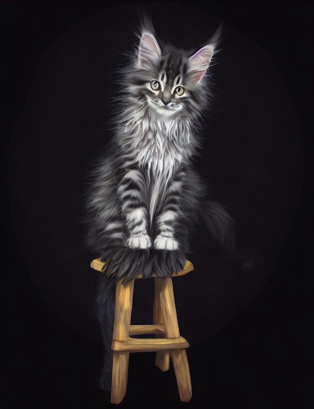 Long-haired cat with striking markings on wooden stool against black background