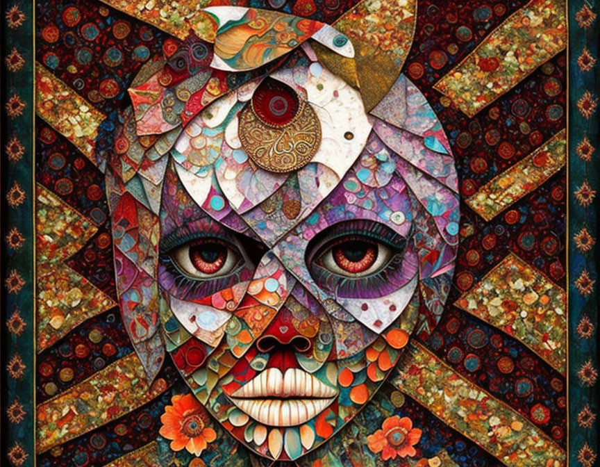 Symmetrical abstract face mosaic with vibrant colors