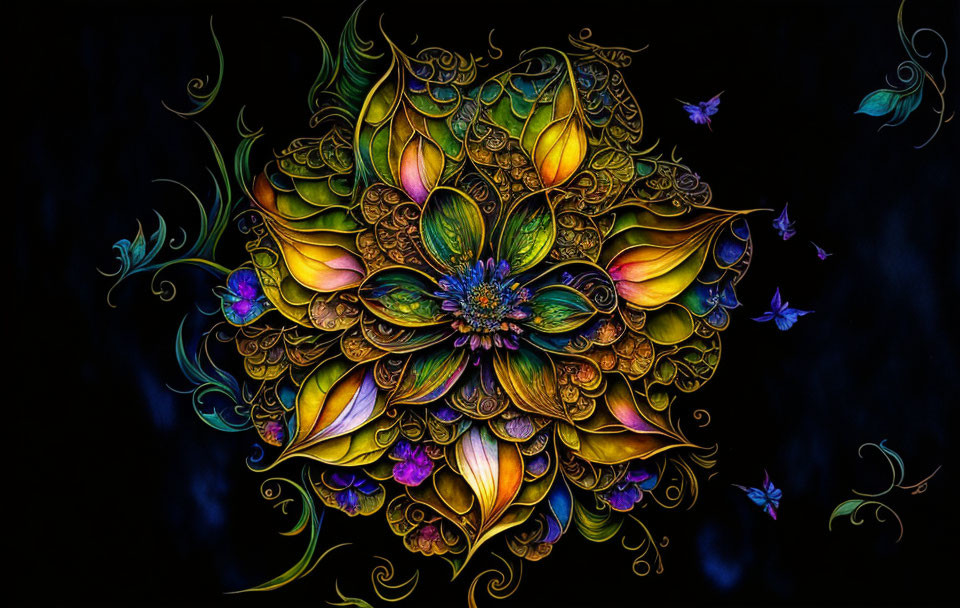 Colorful Floral Mandala with Butterfly Motifs on Black Background