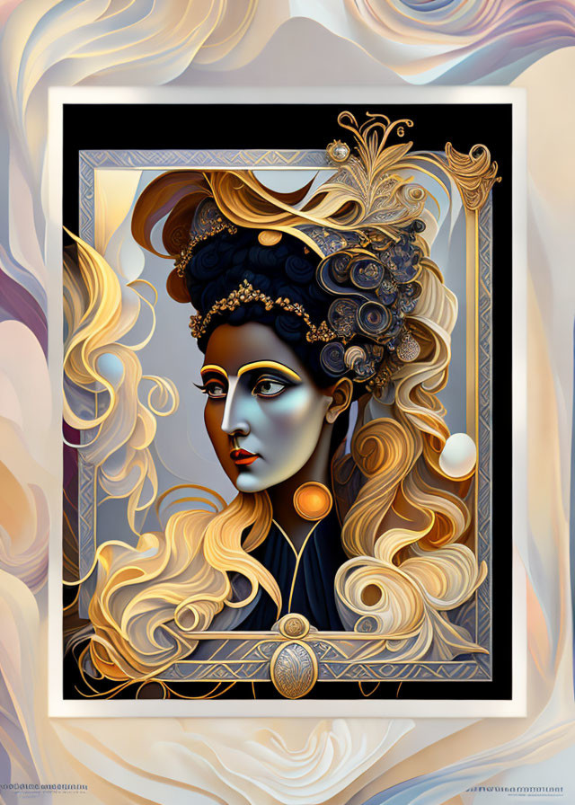 Intricate woman illustration with golden details and decorative frame