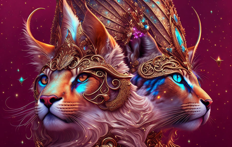 Majestic cats with ornate masks and crowns on starry purple backdrop