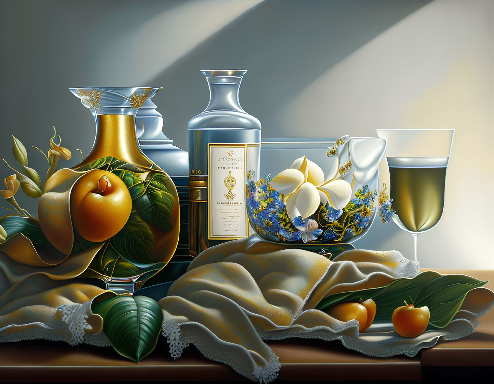 Classic Still Life Painting with Fruits, Oil Bottle, Wine Glass, Flowers, and Draped Fabric