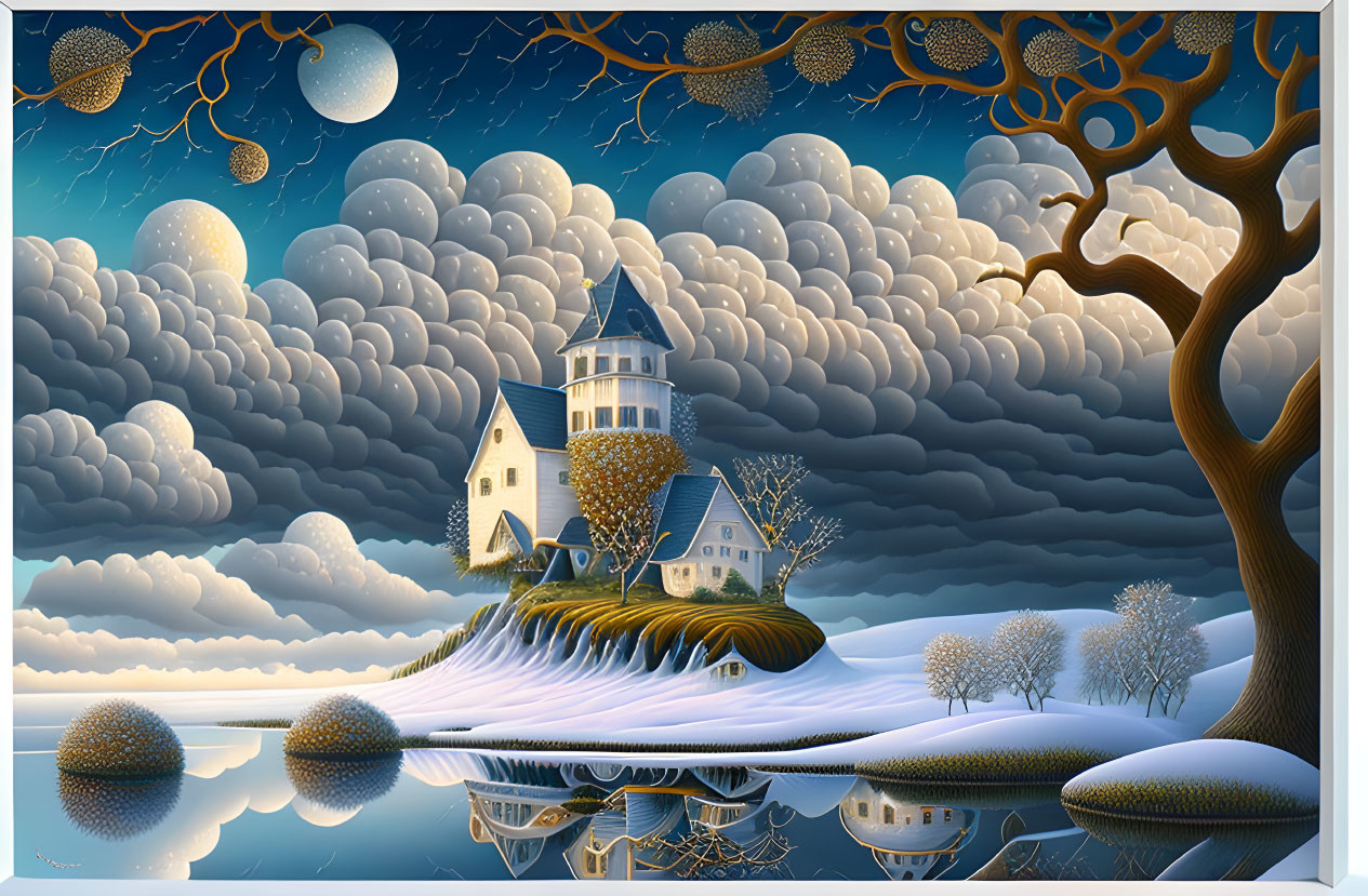 Whimsical landscape: Castle on island, reflective lake, night sky with multiple moons