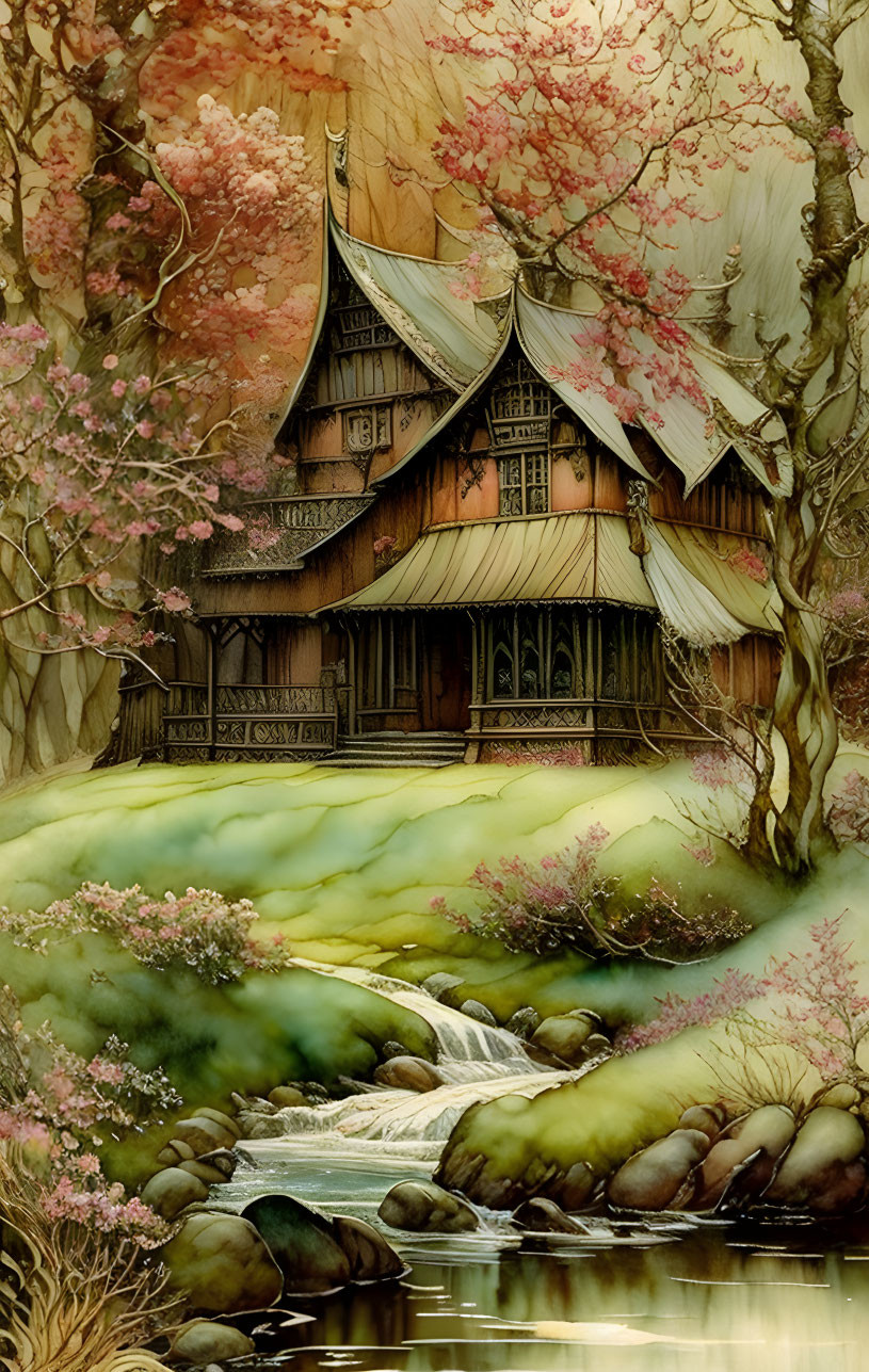 Wooden house in green hills with stream and pink blossoms
