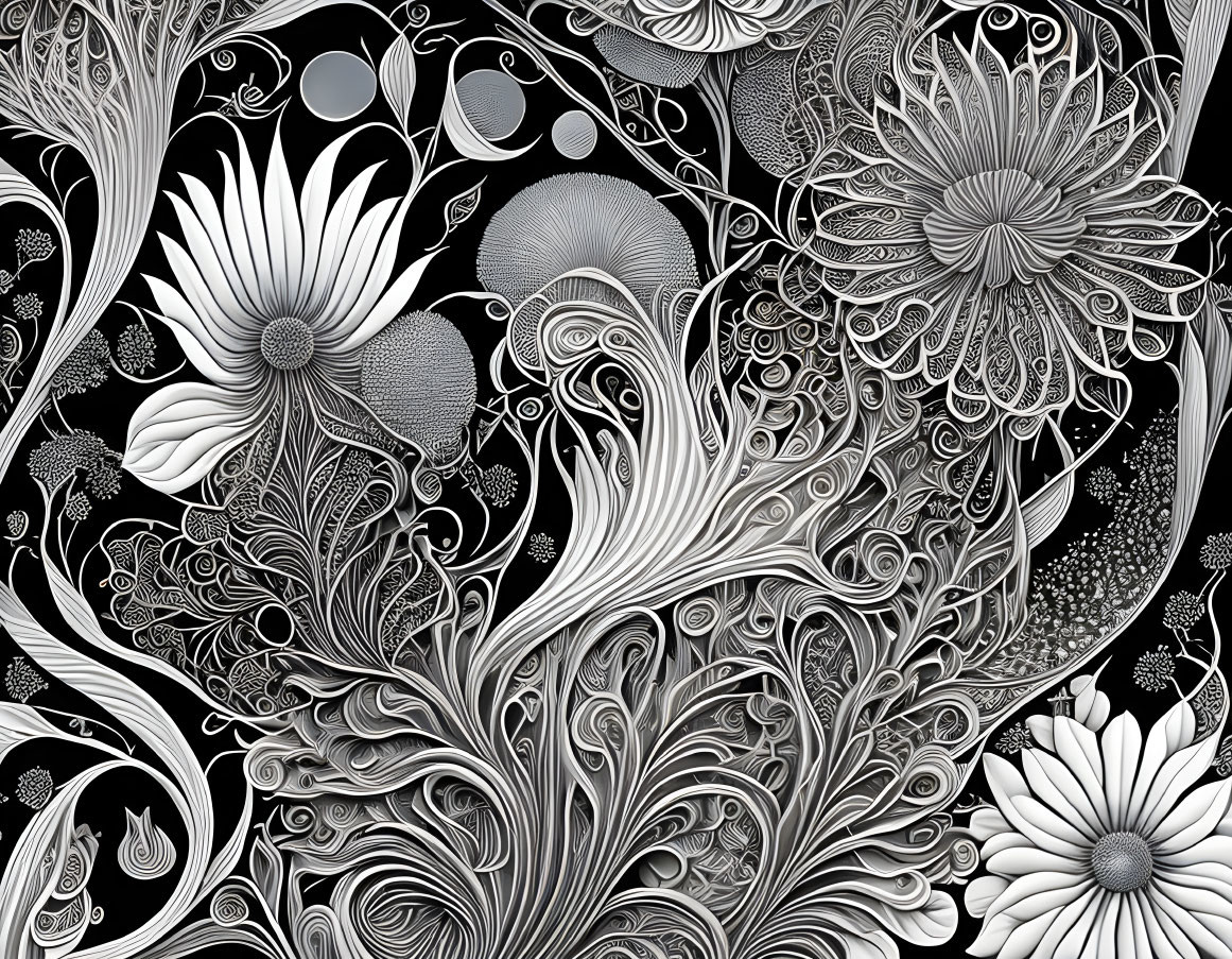 Detailed Monochrome Floral Pattern on Dark Background