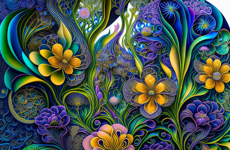 Colorful digital artwork with intricate floral patterns in blue, purple, and gold