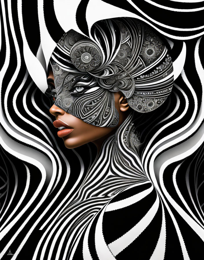 Ornate patterned headpiece on woman merges with hypnotic black and white wave background