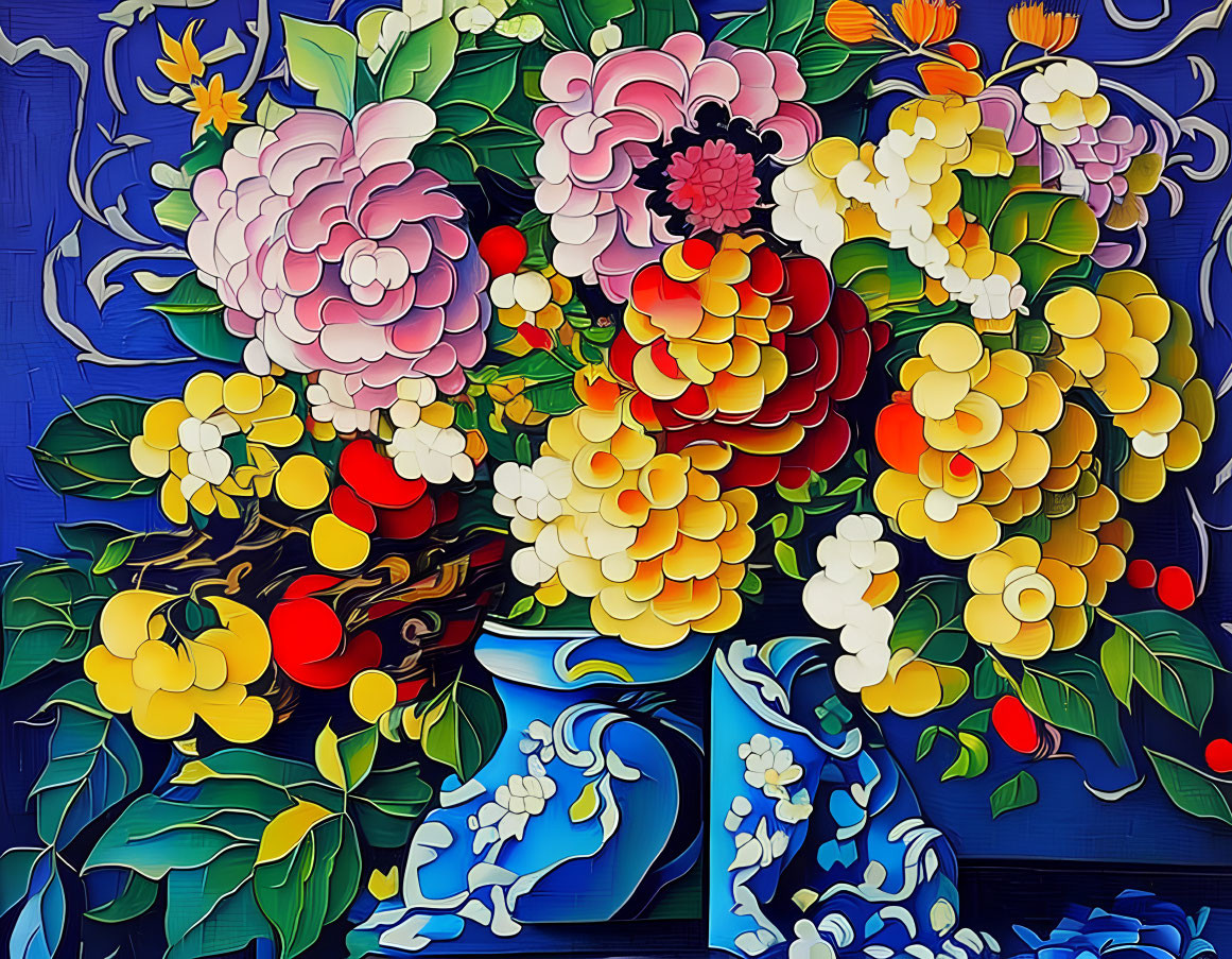 Colorful Floral Painting with Layered Petals on Blue Background