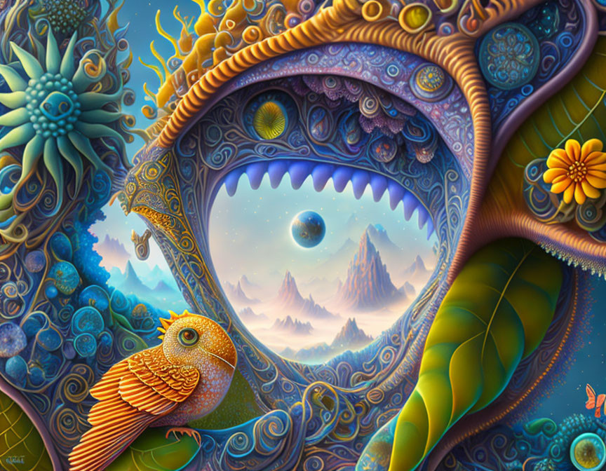 Colorful surreal landscape with owl, plants, mountains, and orbs