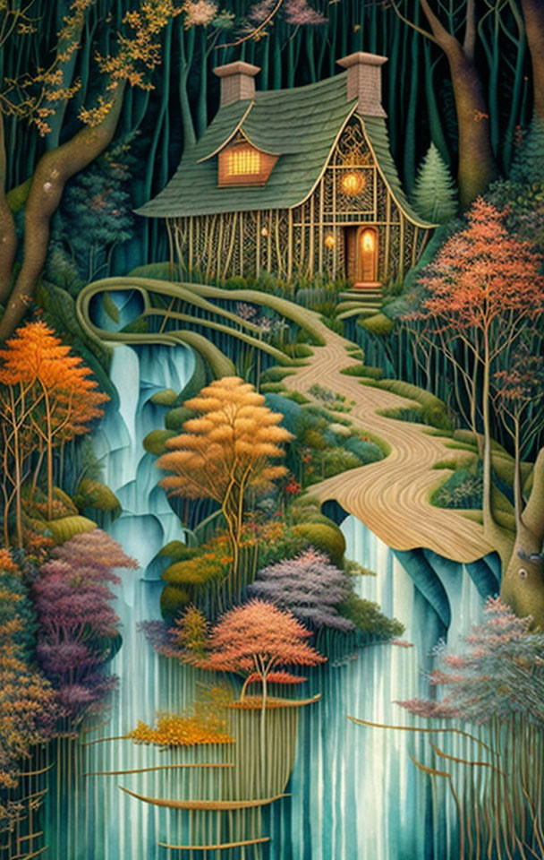 Whimsical cottage on waterfall with colorful trees