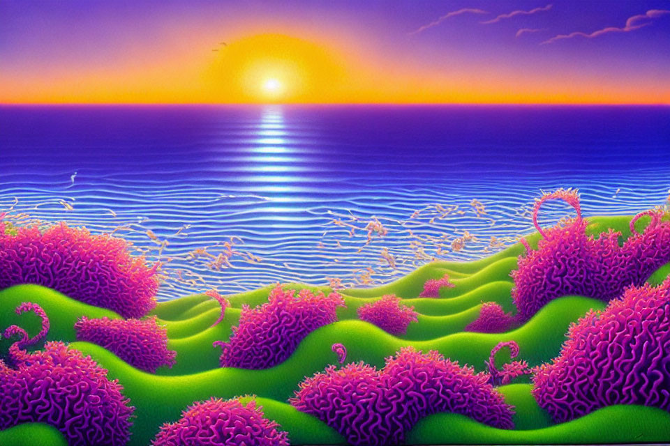 Colorful Surreal Landscape Painting with Pink and Green Hills, Blue Sea, and Sunset Sky