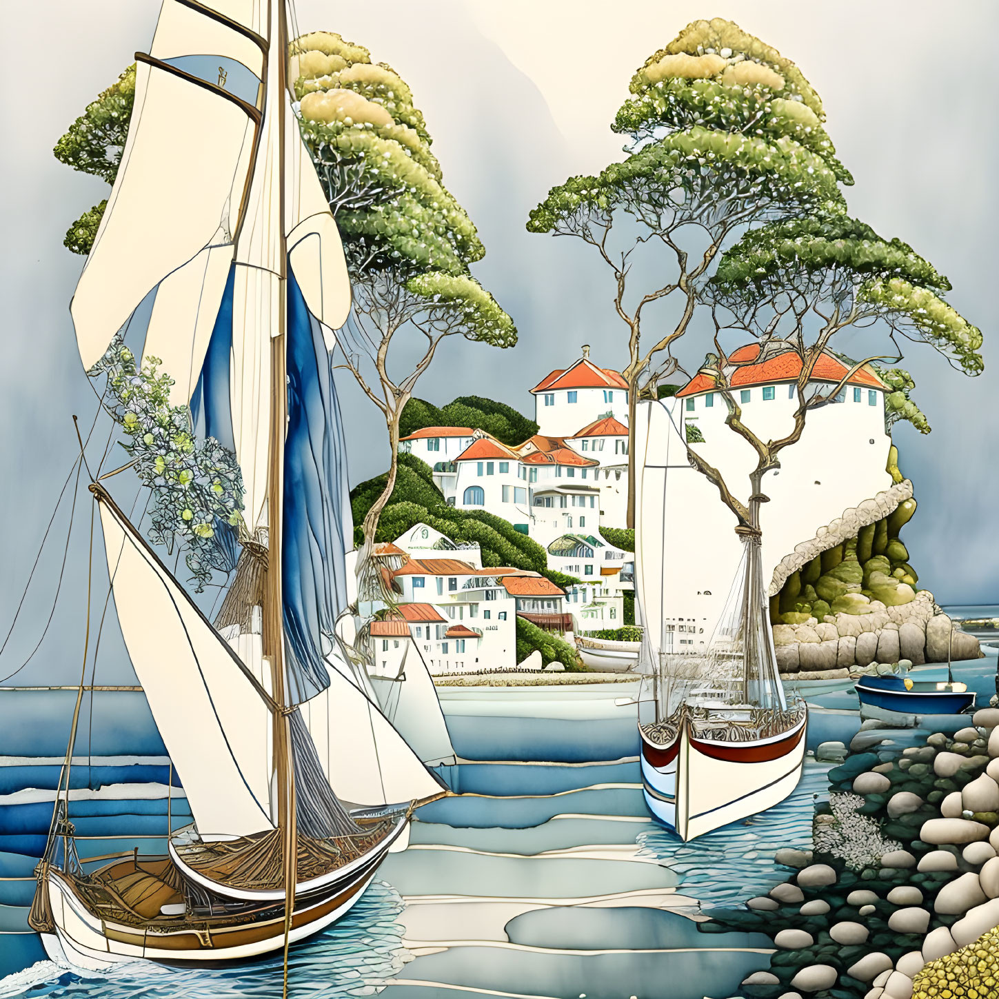 Stylized illustration of coastal village with sailboats