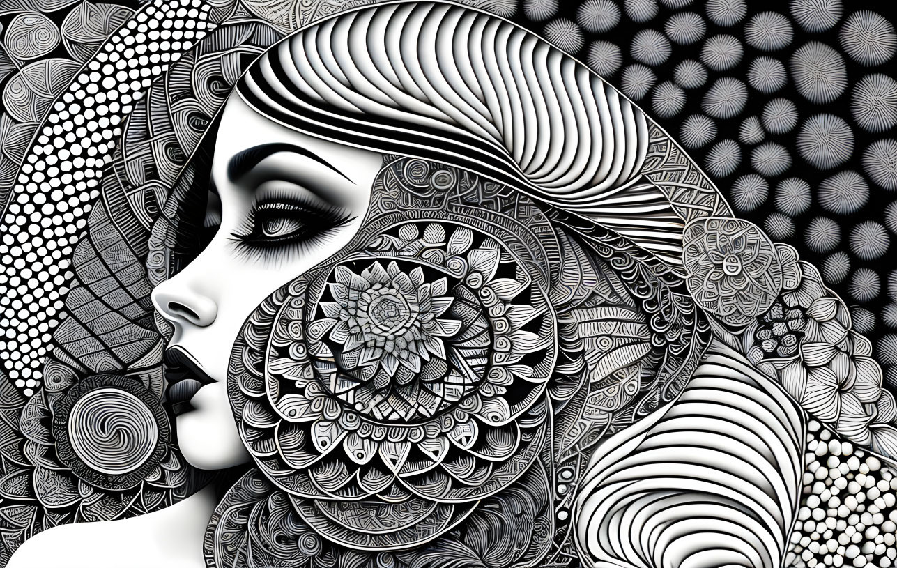 Detailed Black and White Illustration of Woman with Intricate Hair Patterns