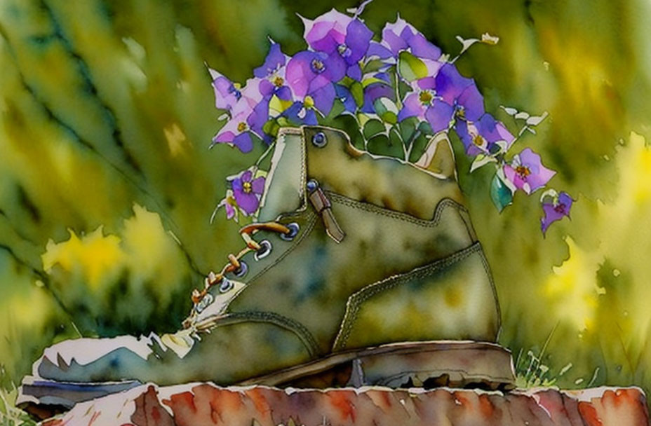 Watercolor Painting of Boot Repurposed as Flower Pot with Purple Flowers