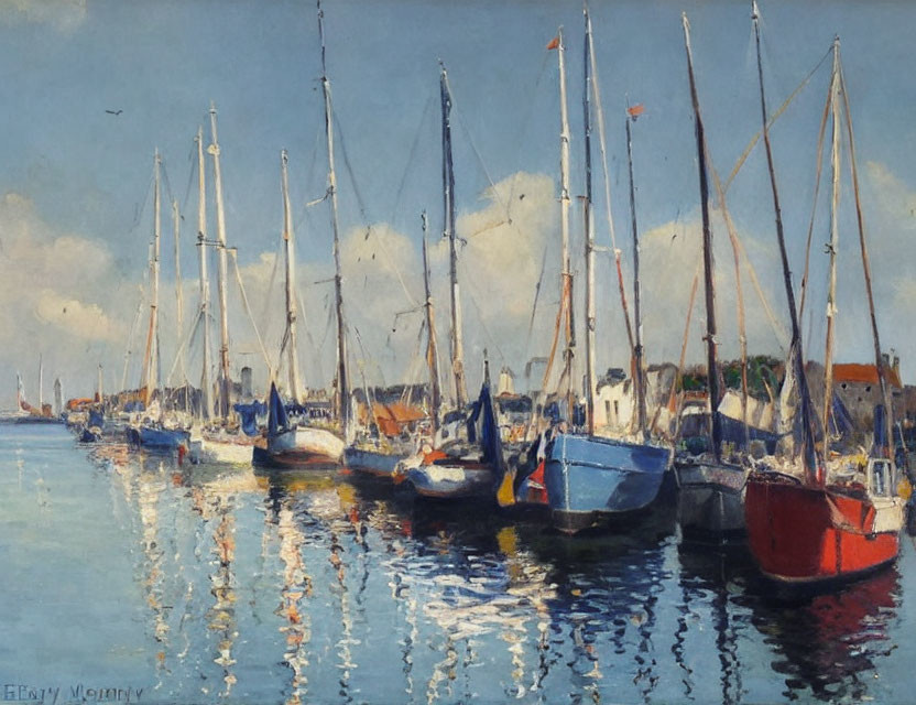 Tranquil Marina Scene with Sailboats and Coastal Buildings