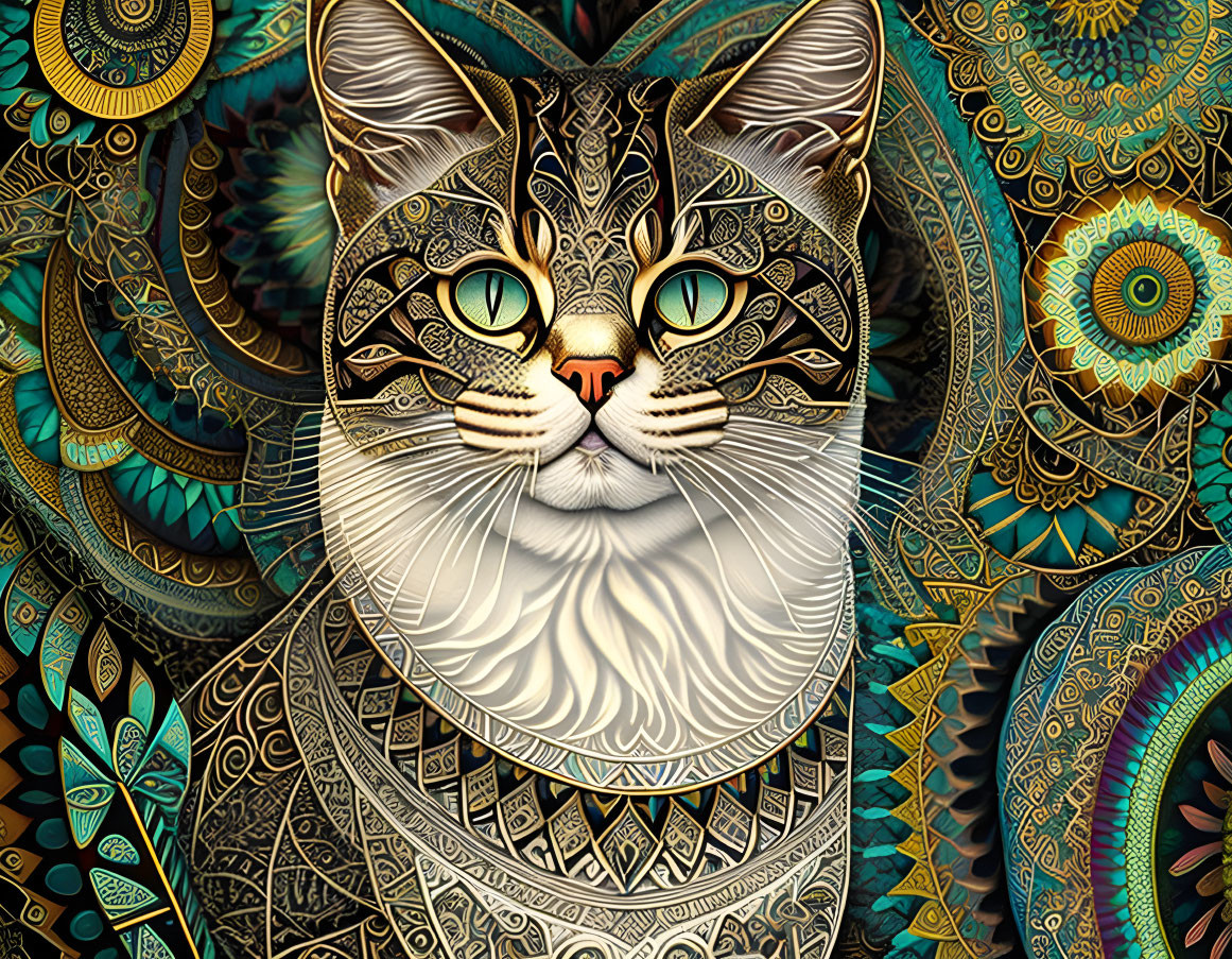 Colorful cat illustration with intricate patterns on vibrant backdrop