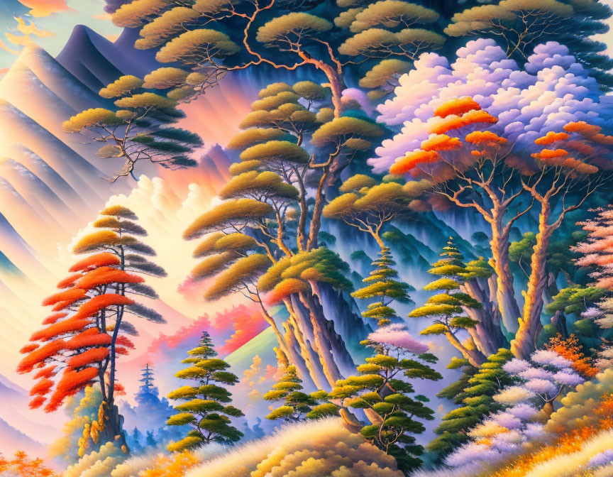 Colorful Landscape Painting with Vibrant Trees and Misty Mountains